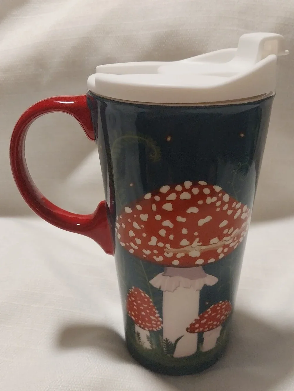 Evergreen Blue & Red Mushroom Tall Ceramic Tumbler Coffee Mug with Lid NWT